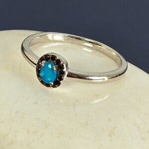 925 Sterling Silver Ring Sz 6.5 with Natural Blue Opal 3x4mm & Black Spinel